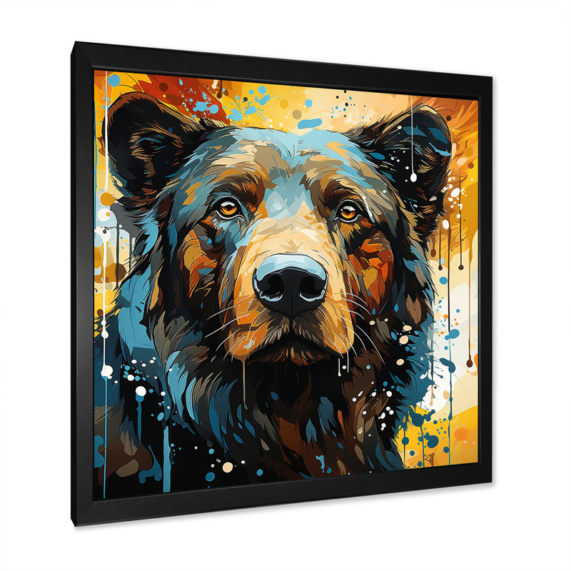 Portrait d'ours bleu et jaune - impressions encadrées d'ours, Cadre simple noir, H 30 po x l 30 po x P 1,5 po