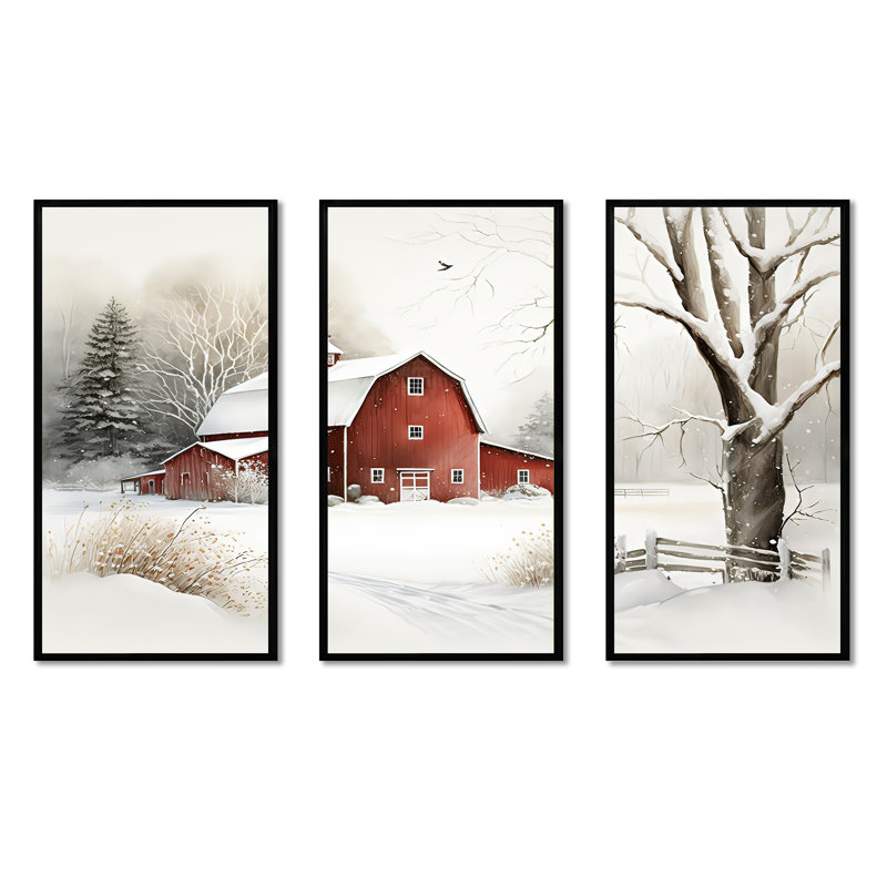 «Red Barn Scenery In Winter IV», ensemble d'art mural sur toile, Cadre flottant noir, H 28 po x l 36 po