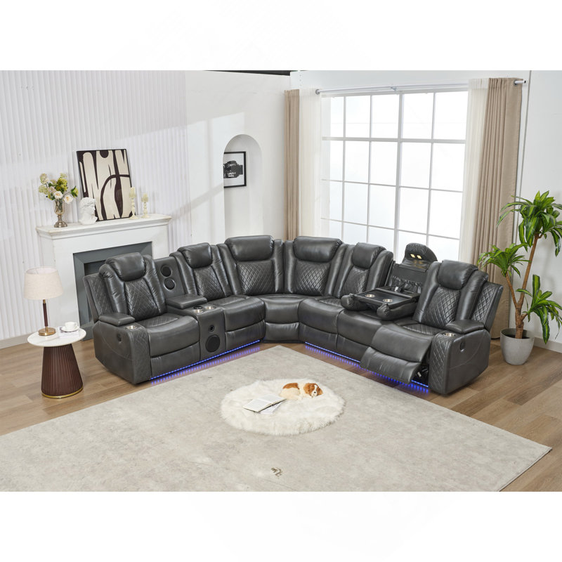 Power Reclining Sectional Sofa W/Speaker / LED Strip Gray Color, Gray