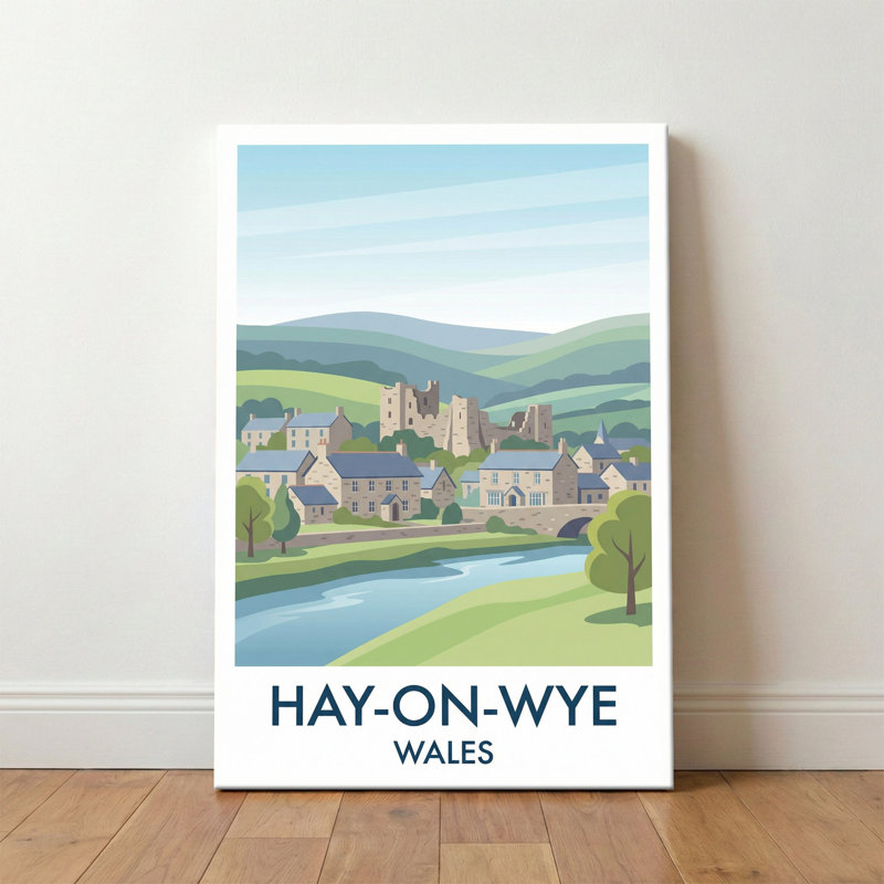 Hay-on-Wye, Wales - Romantic Book Town by the Wye | Travel Poster of Castle, River and Hills. Giclee Print on Wrapped Canvas. Wall Art, Home Decor - Cities & Towns, Wales 1 Piece Wrapped Canvas Wall Art