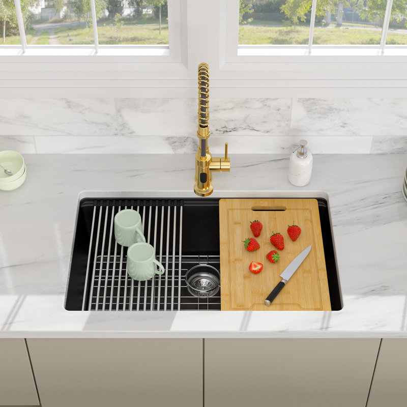 30'' L Single Bowl Quartz/Granite Kitchen Sink, Black