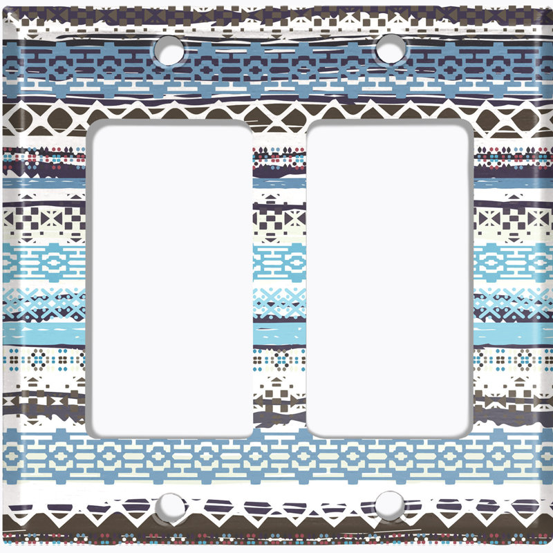 Metal Light Switch Plate Outlet Cover (Ethnic Aztec Tribal Blue White Stripes - Single Toggle)