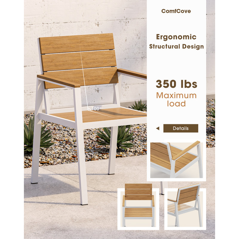 Fauteuils de salle à manger d'extérieur en aluminium avec siège en HDPS imitation bois (lot de 2), Blanc + bois de teck