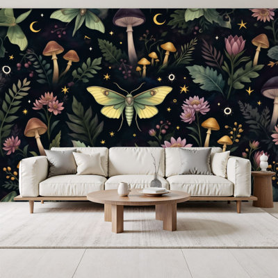 Papier peint adhésif pelez et collez Mystic Moths, fleurs roses, magiques foncés, gothique foncé, peintures murales, H 69 po x l 96 po, papier peint amovible en PVC, peintures murales auto-adhésives, décoration pour le salon de la chambre à coucher