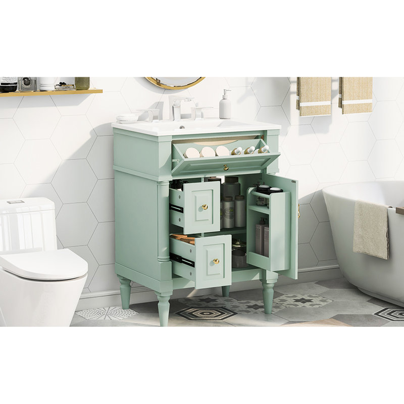 Meuble-lavabo autoportant de 61 cm (24 pouces) avec lavabo en céramique, tiroirs astucieux, lavabo intégré, tiroir rabattable et tablette intérieure réglable.