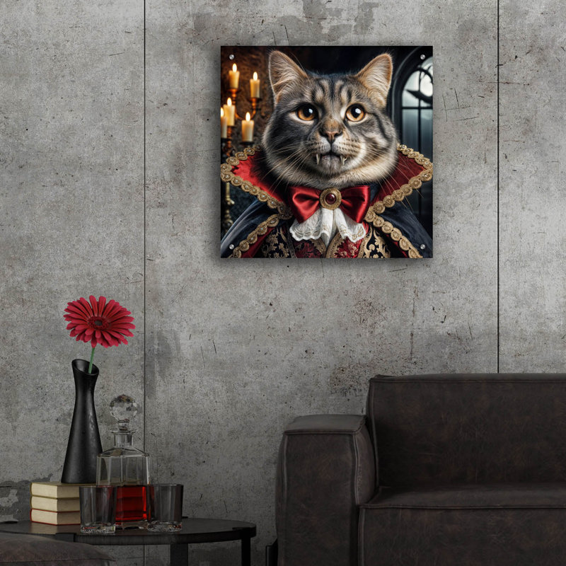 «Count Cat Dracula» par Rey Klimt, art mural en verre acrylique, H 24 po x l 24 po x P 0,2 po