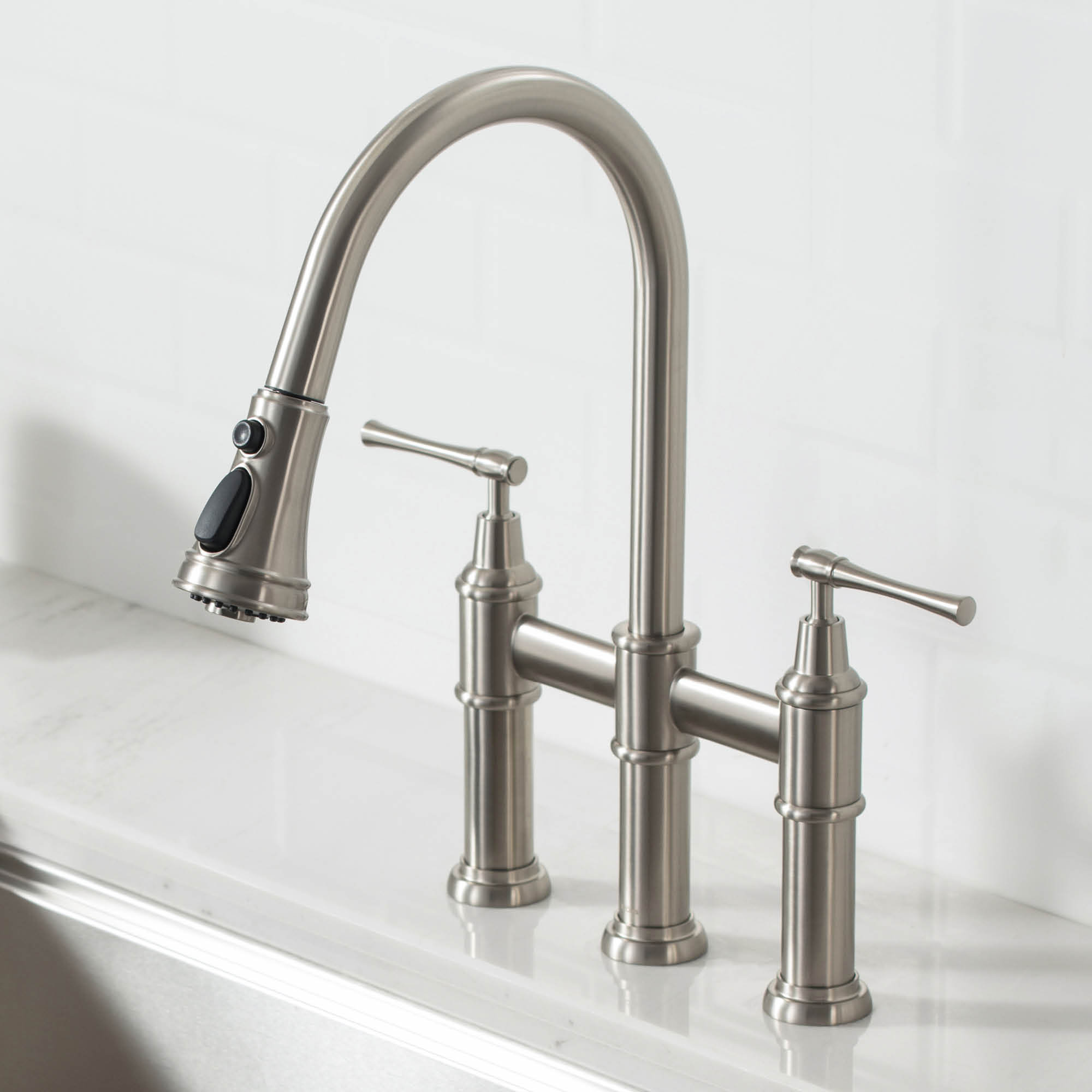 KRAUS Allyn Transitional Bridge Kitchen Faucet with Pull-Down Sprayhead ...