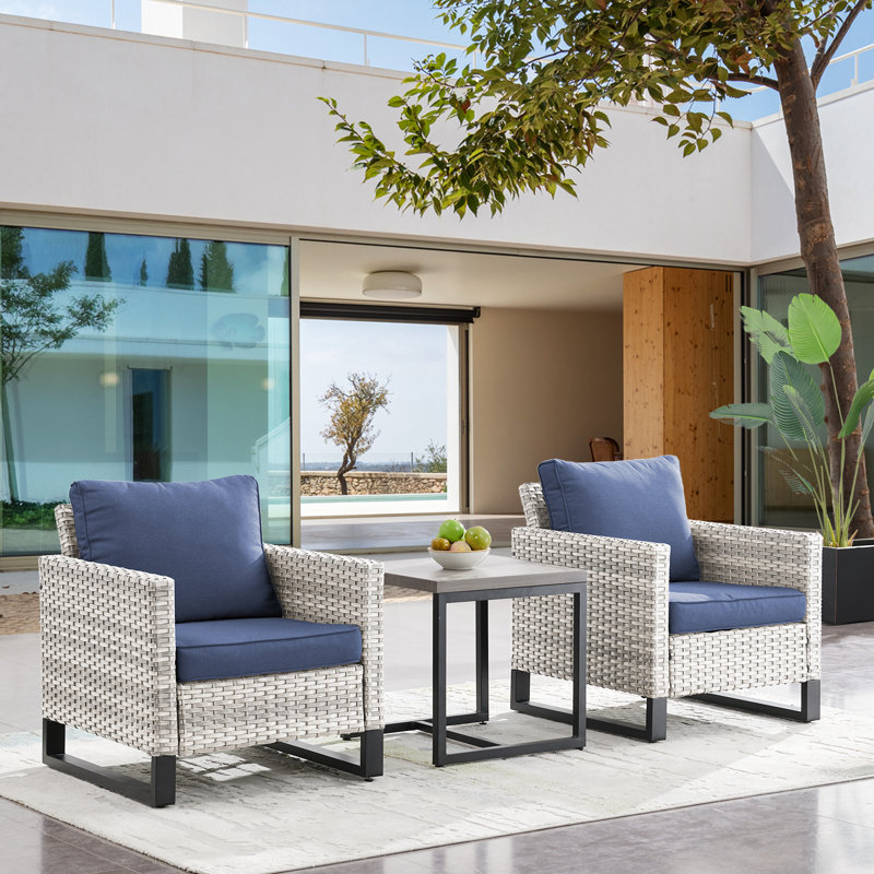 Chaise longue d'extérieur en osier Dharach, Bleu marine, Gris clair