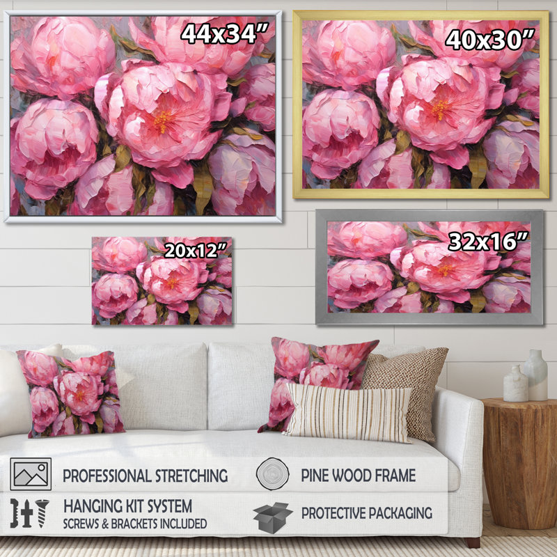 Pivoine rose I - art mural floral, H 16 po x l 32 po x P 1 po, Silver Floater Framed