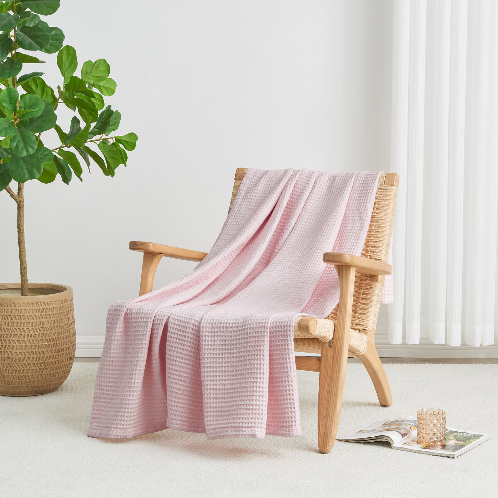 100% Cotton Waffle Weave Blanket, Blush, King