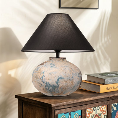 Lampe de table en céramique mouchetée bleu-gris et marron de 43 cm (17 pouces), lampe de chevet ronde en forme de globe pour salon, chambre à coucher et décoration intérieure (ampoule non incluse)