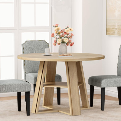Table de salle à manger ronde 43,3 "pour 4-6 - Table de cuisine circulaire avec base en piédestal en bois et tablette de rangement, peu encombrante - pour la cuisine, le salon, l’appartement