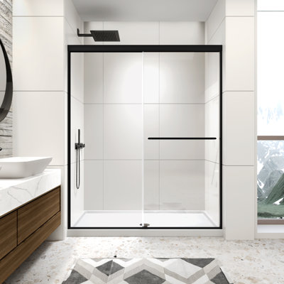 56-60" W x 70" H Framed Shower Door Double Sliding Door with 1/4" (6mm) Clear Tempered Glass, 2 Towel Bars for Walk-in Bathroom, Matte Black Finish Shower Doors, Reversible Installation