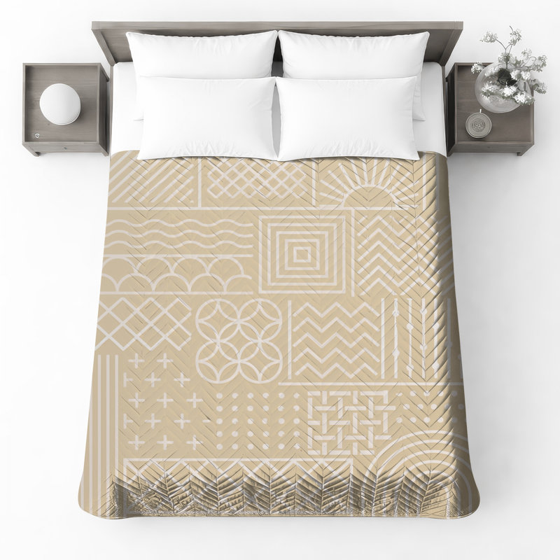 Beige Geometric Shapes Quilted Thin Bedspread, Full / Double