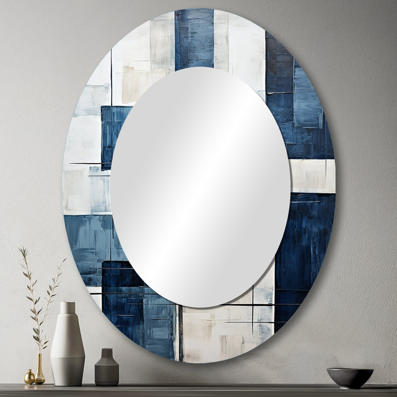 Indigo Illusion Abstract Shapes V - Large Oval Wall Mirror On Metal, 43" x 33"