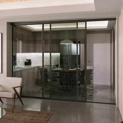 3 Panel LiteSmoked Glass Sliding Room Divider - Aluminum Frame with Silent Glide technology