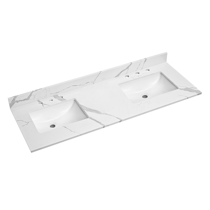 60 Inch Bathroom Vanity Top Quartz Stone With Rectangle Undermount Ceramic Double Sinks And 2 Side Splash