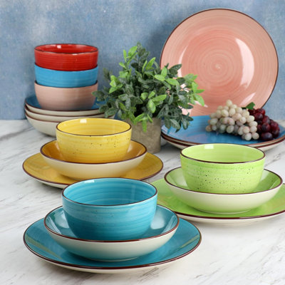 Ensemble 18 pièces de vaisselle en grès 18 pièces, ensemble de bols pour 6 assiettes et bols de couleur assortie, finition brillante