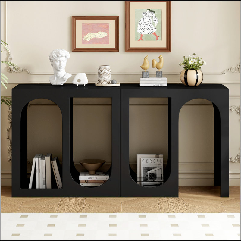 Modular Entryway Console Table with Rectangular Exterior and Curved Interior Design, Black