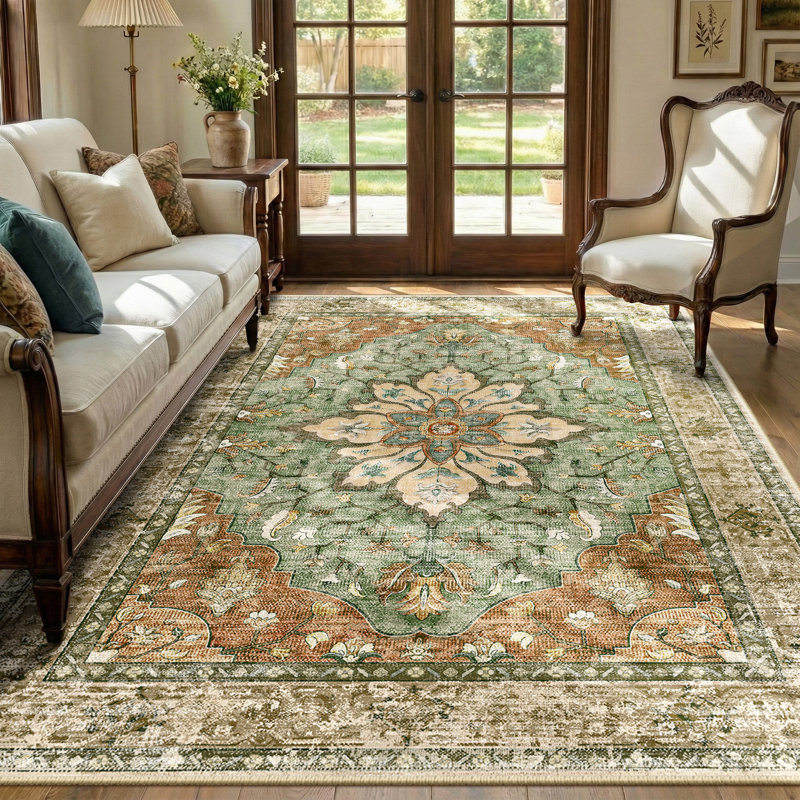 Sunflower Vintage Medallion Print Area Rug Non-Slip Machine Washable Low Pile for Living Room Bedroom, Rectangle 6' x 9'
