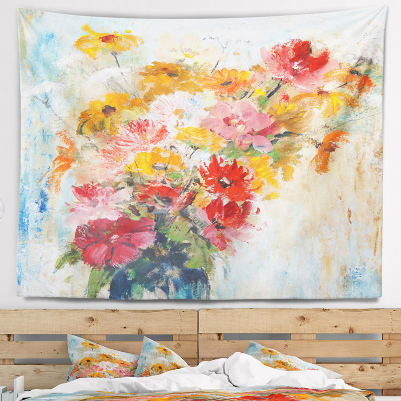 Tapisserie à motif peint floral fleurs en vase peintes et fixation murale, H 32 po x l 39 po