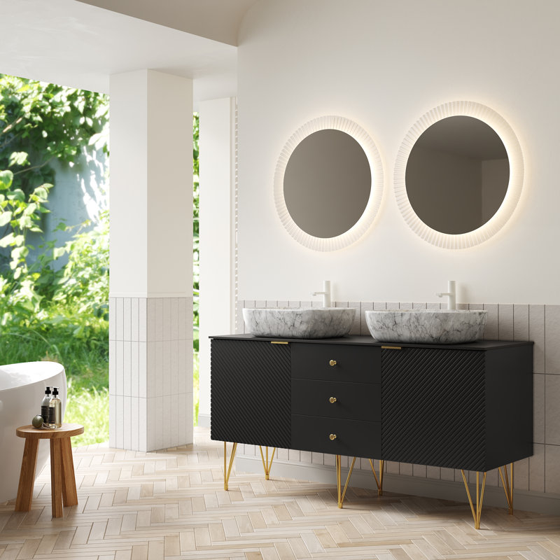 Meuble-lavabo autoportant moderne de 60 po avec double vasque en marbre Volakas, armoire cannelée noire avec pieds dorés et comptoir en pierre frittée - pré-assemblé