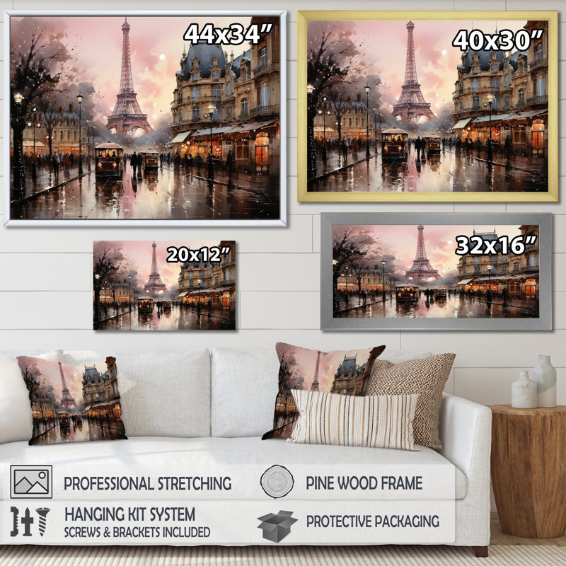 «Pink Twilight Rendezvous In Paris I», art mural de Paris pour le salon, H 30 po x l 40 po, Naturel