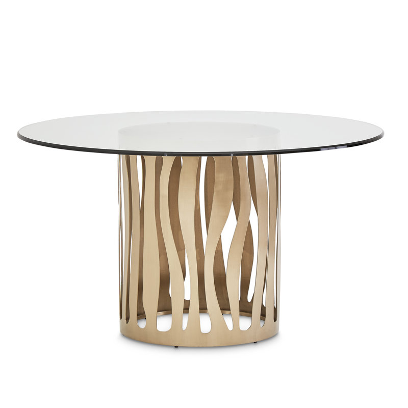 Beige Round Wood and Glass Dining Table