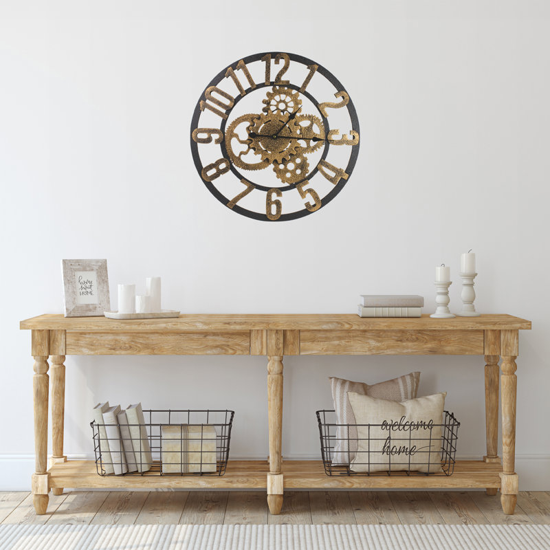 24" Gold and Black Round Wall Clock with Mechanical Cogs