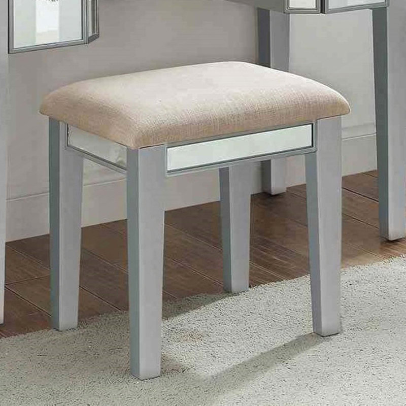 Transitional Style Vanity with Stool Set, Storage Drawers, Central Mirror and Padded Stool, Silver