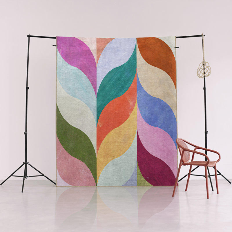 Multi-Colored Abstract Wavy Shape Patterned Modern Decorative Rug, Runner 3'3.37" x 6'6.74"