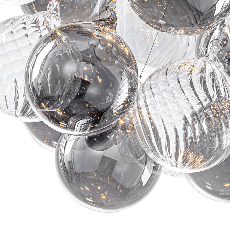 Plafonnier encastré chromé 3 lumières 14 "avec 17 boules en verre | Verre tordu transparent et gris fumé | Base candélabre E12 | Lustre à bulles moderne
