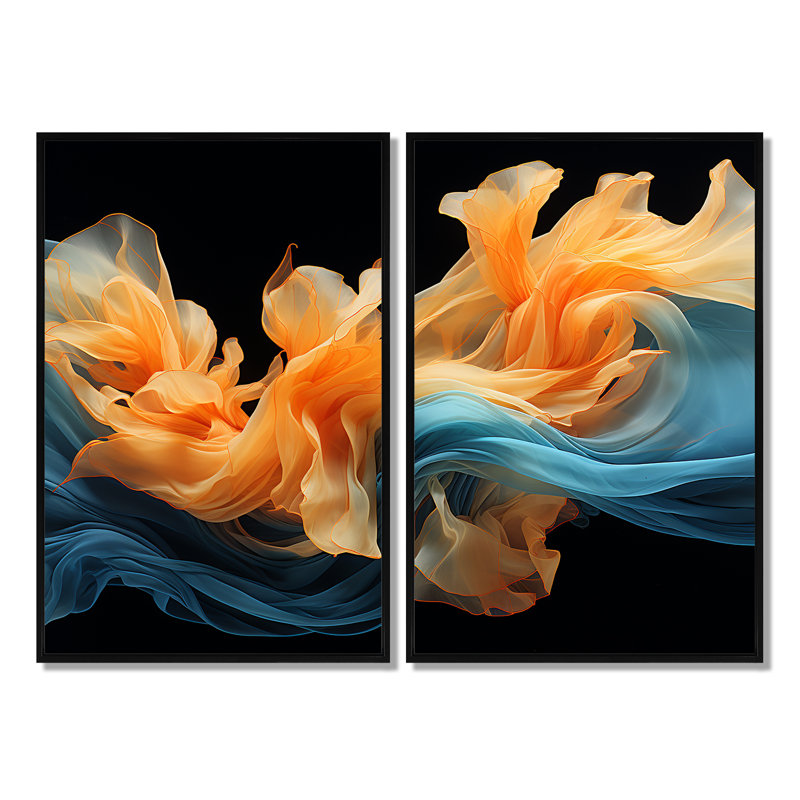 Encre liquide orange vif et turquoise - décoration murale moderne, Black, 36" H x 48" W, Impression encadrée flottante