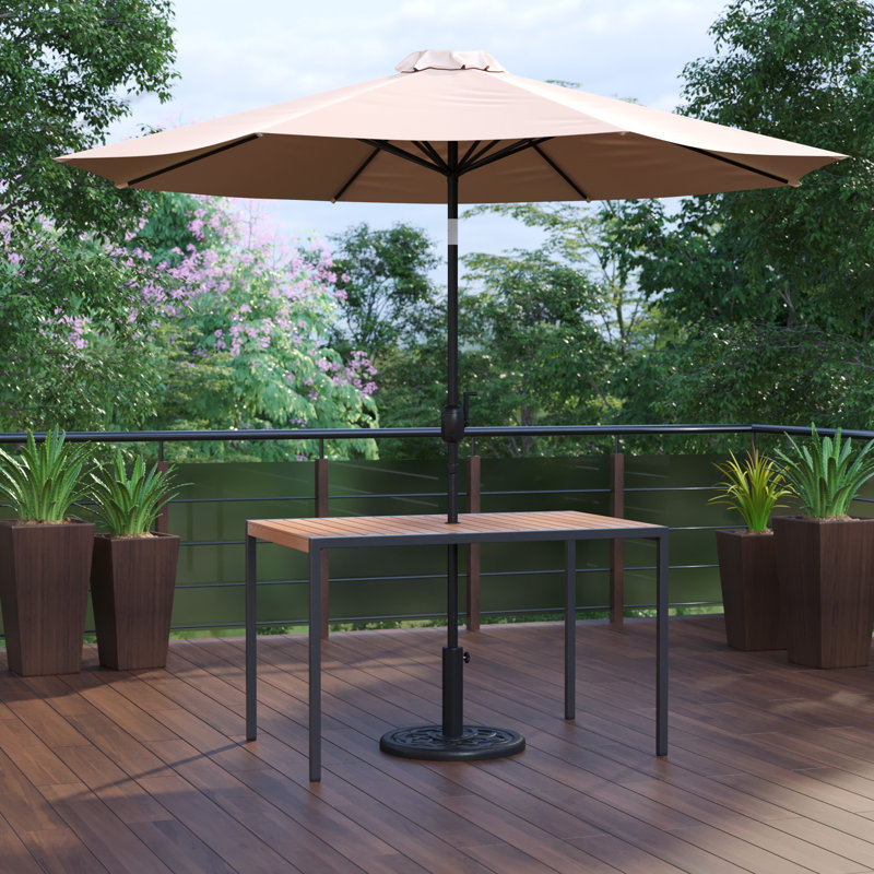 Saville Black Steel Framed 30" x 48" Faux Teak Patio Table-Tan 9FT Patio Umbrella-Base, Tan Umbrella