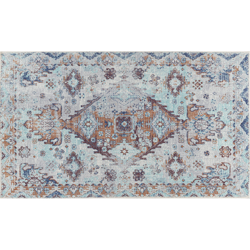 Adiva Blue and Beige Machine Made Runner Rug 2' x 13'