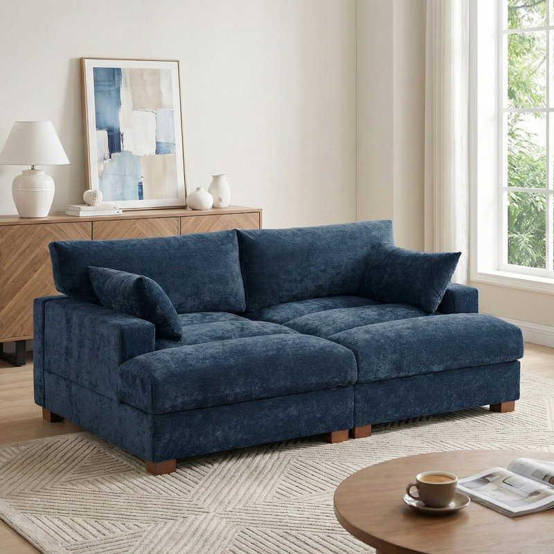 Canapé-lit surdimensionné en chenille bleue avec accoudoirs et coussins décoratifs, Bleu