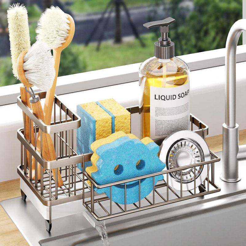 Sponge Holder- Auto Draining Sink Caddy Organizer with Detachable Rack, High Brush Holder, Kitchen Countertop Storage Accessories, Sand Nickel