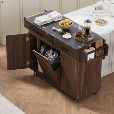 Îlot de cuisine avec armoire de rangement pour poubelle, tablette réglable, abattant, support à épices, porte-serviettes et tiroir