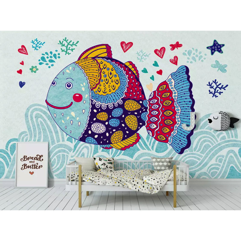 Dessin d'enfant, dessin abstrait de poisson, papier peint amovible, L 9 po x l 15 po