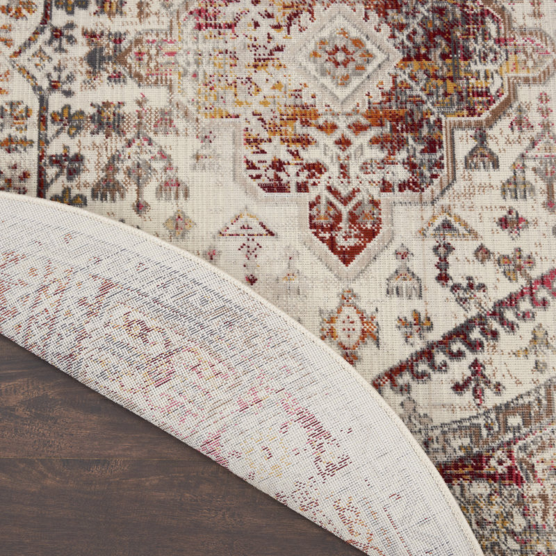Asuna Kira Oriental Machine Made Polypropylene Area Rug in Ivory/Red/Gray, Round 4'