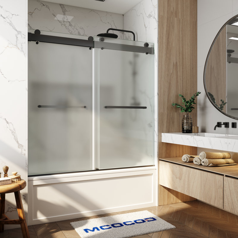 Porte de baignoire à double fermeture coulissante sans cadre avec verre givré de 3/8 po (10 mm) Opal Mirage MCOCOD l 56-61 "x H 66"