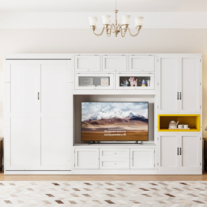 Lit escamotable simple avec meuble télé intégré et rangement, Blanc