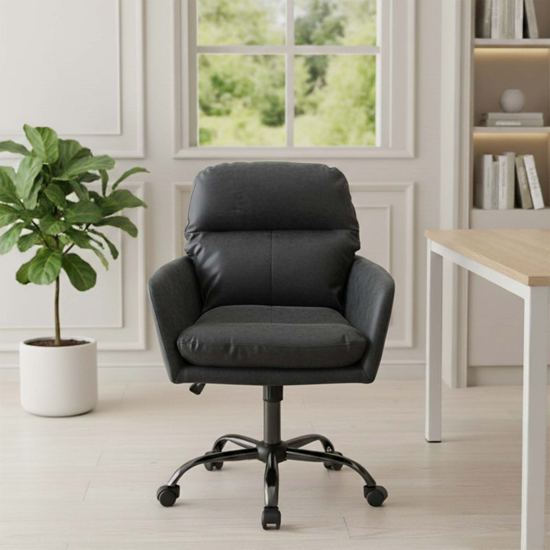 Modern Upholstered Office Chair with Adjustable Height, PU Leather Swivel Desk Chair for Home Office, Bedroom or Vanity