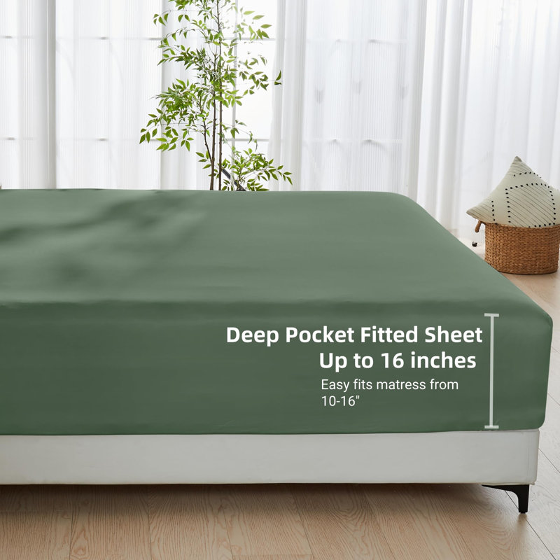 Fitted Sheet Only - 16 Inch Pocket Rayon From Bamboo Fitted Sheet, Super Soft And Cooling Bottom Sheet With 4 Elastic Corner Straps(Green)