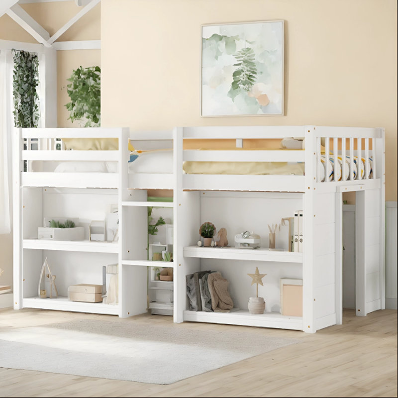 Lit simple mezzanine bas avec tablettes Jceur, Blanc