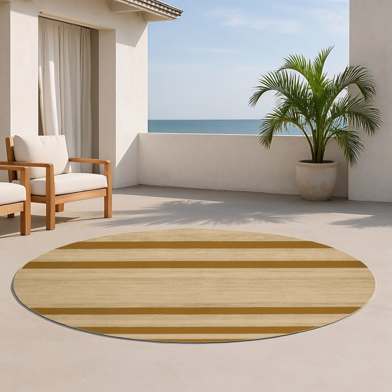 Tapis intérieur / extérieur brun HorizontalStripes, Rond 5 pi