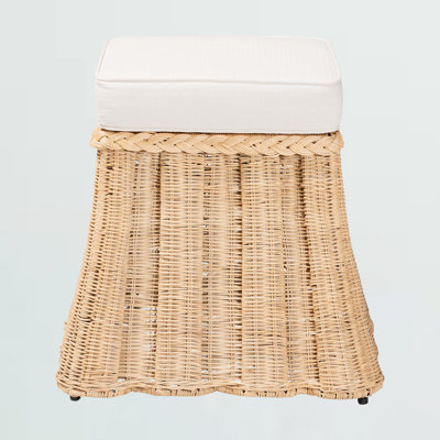 Acosta Handwoven Wicker Rattan Ottoman with Cushion Pleated Skirt, 16.50" H X 20.10" W X 20.10" D