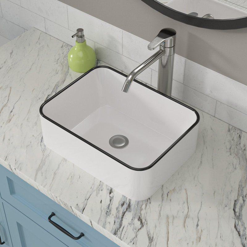 16" L x 12" W Rectangular Ceramic Vessel Bathroom Sink, White/Top Black Trim