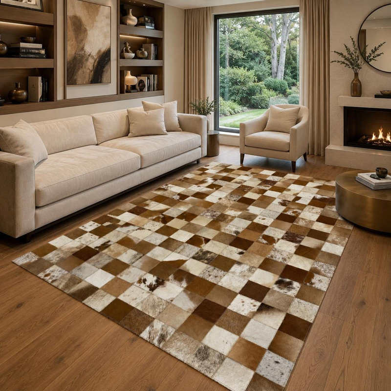 Tapis en cuir de vache patchwork fait à la main, tapis moderne en cuir damier, 9 x 12 ft
