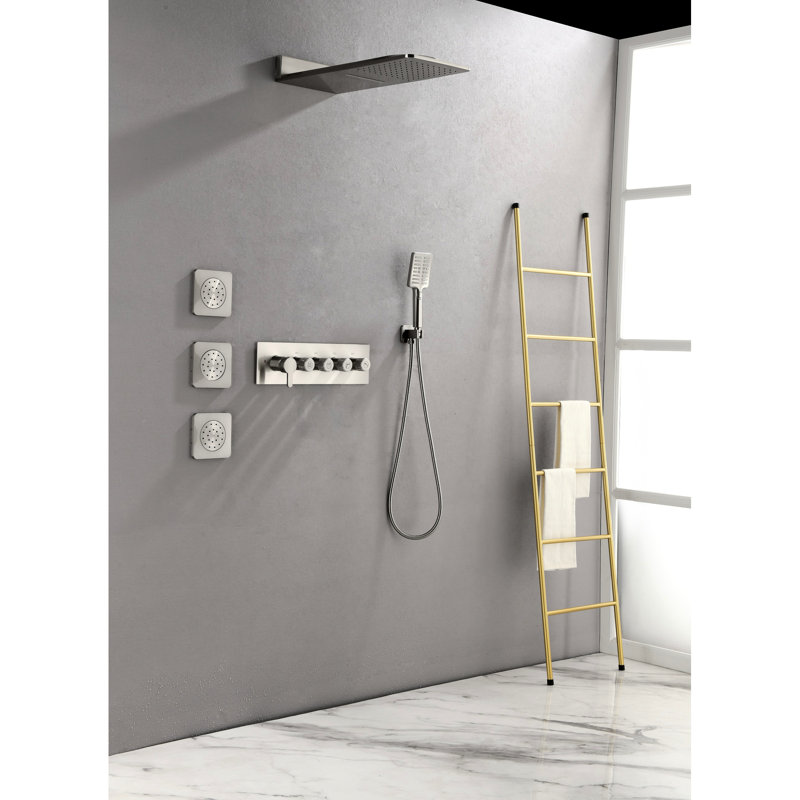 3 jets pour le corps et douche murale, nickel brossé pour salle de bain moderne en nickel, pomme de douche autonettoyante